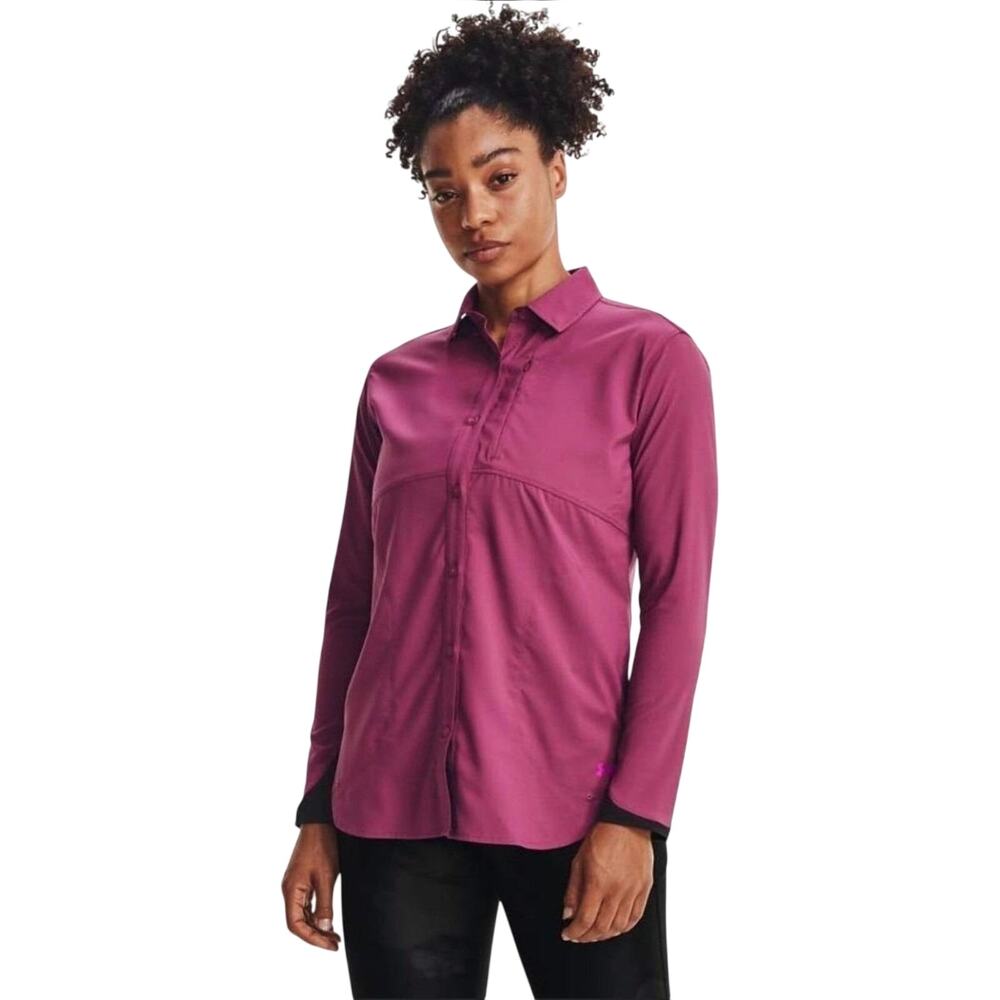 NWOT Under Armour Women's Loose Fit Long Sleeve‎ Button Up Top Magenta Purple XL